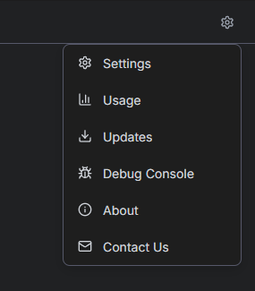 Gear menu with Settings, Usage, Updates, and API keys