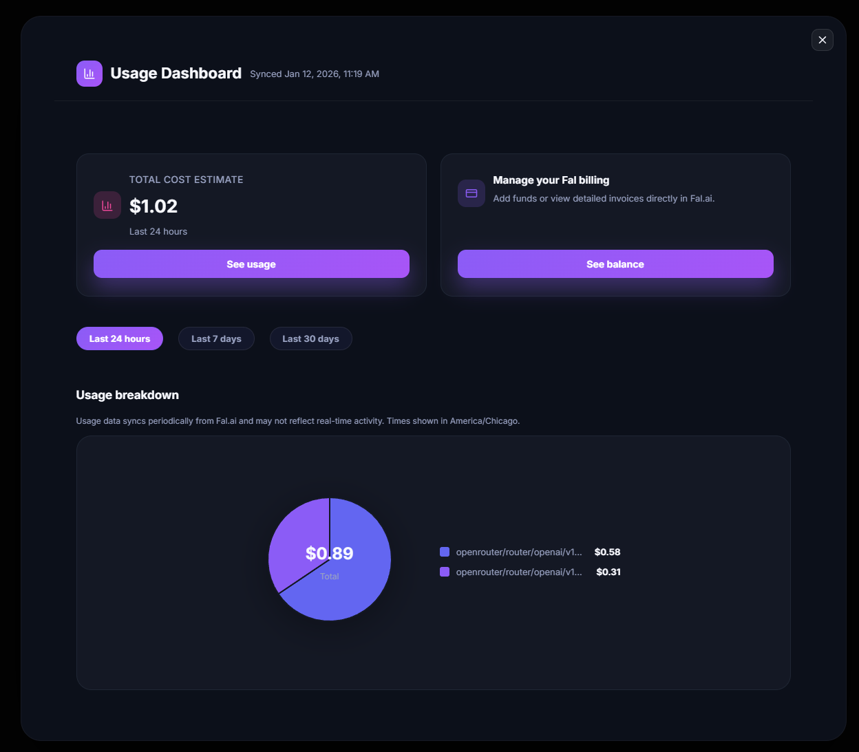 Usage panel entry from the gear menu in Chat Video Pro