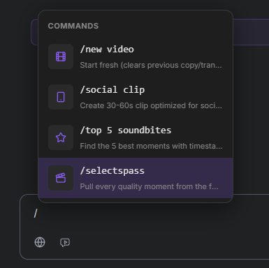 Slash command menu in Story Cutter