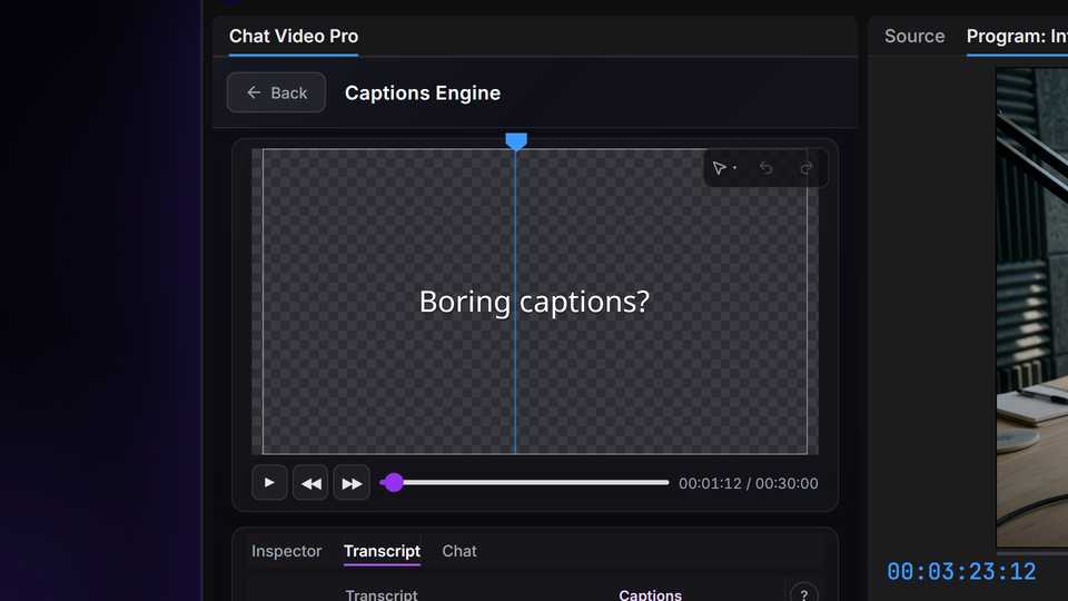 Chat Video Pro's Captions Engine panel in Premiere Pro, previewing a plain white caption, "Boring captions?", over a transparent checkerboard with the playhead running through it.
